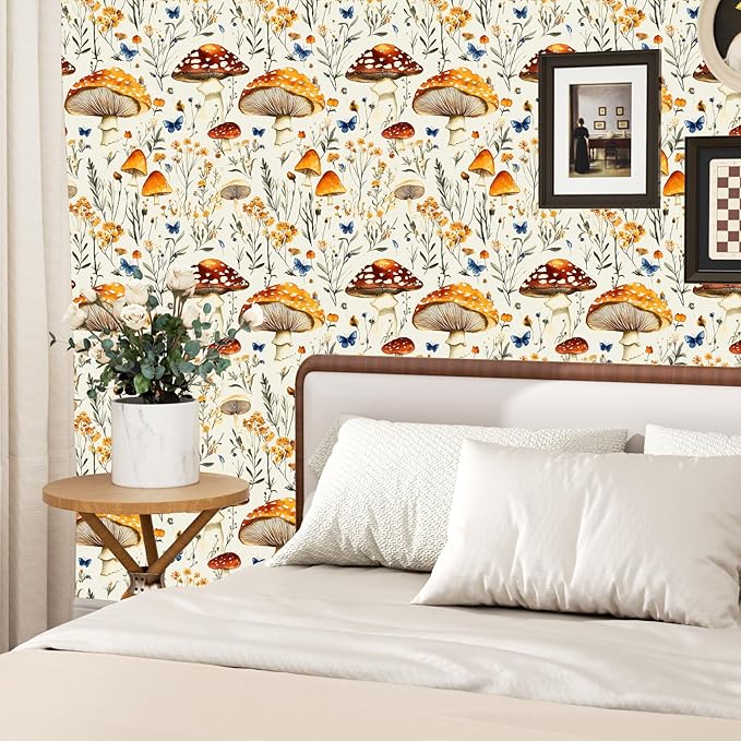 BOKEBEVE Mushroom Peel and Stick Wallpaper Beige Colorful Floral Contact Paper