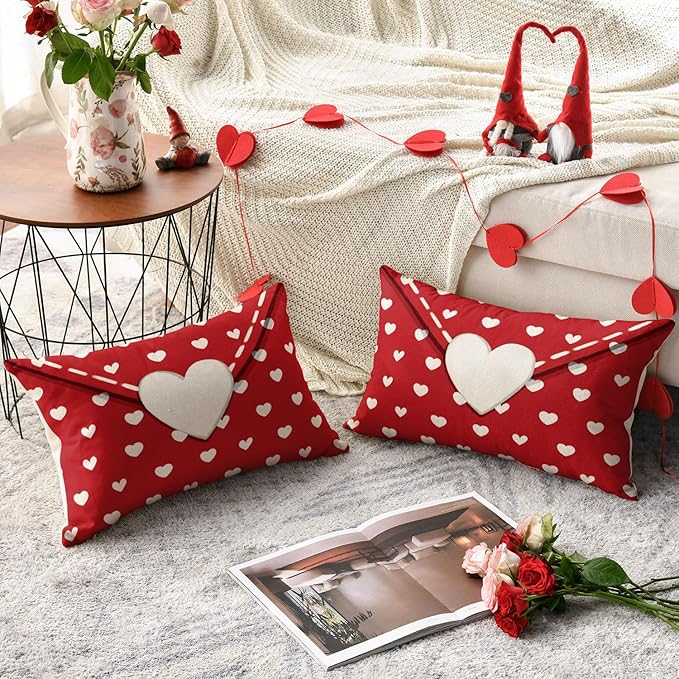 AVOIN colorlife Valentine's Day Envelope Throw Pillow Cover, 12 x 20 Inch White Heart Red Anniversary Wedding Cushion Case Decoration for Sofa Couch Set of 2