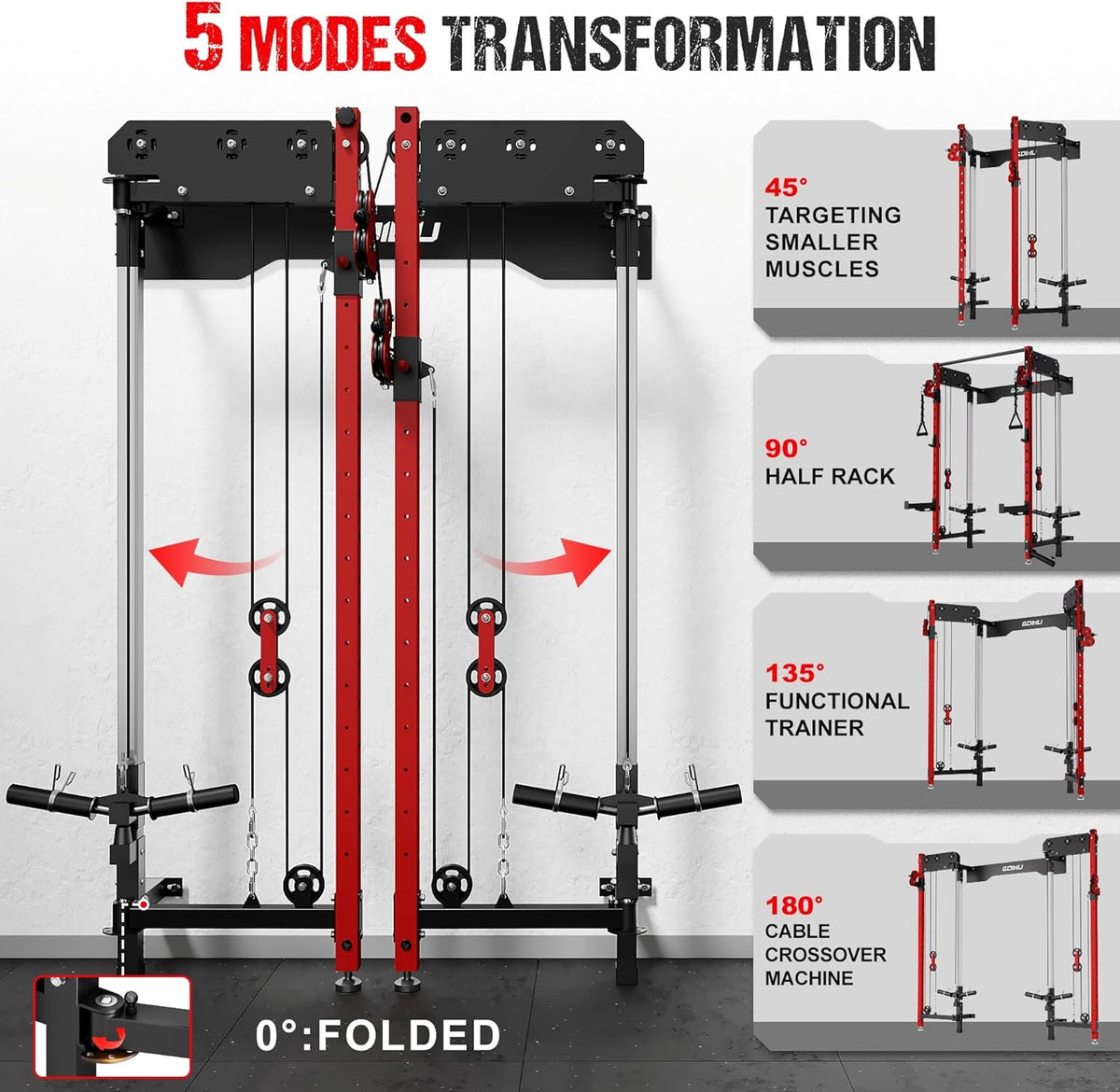 WM3-V4 Folding Squat Rack - Wall Mounted Power Rack with Dual Pulley System & 5 Adjustable Modes