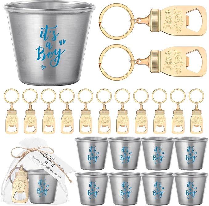 Vesici 25 Sets Baby Shower Party Favors Bottle Openers Keychains Stainless Steel Shot Thank You Tags Organza Bags Gender Reveal Favors for Guests Wedding Baby Shower Return Gift Girl Boy (Boy)