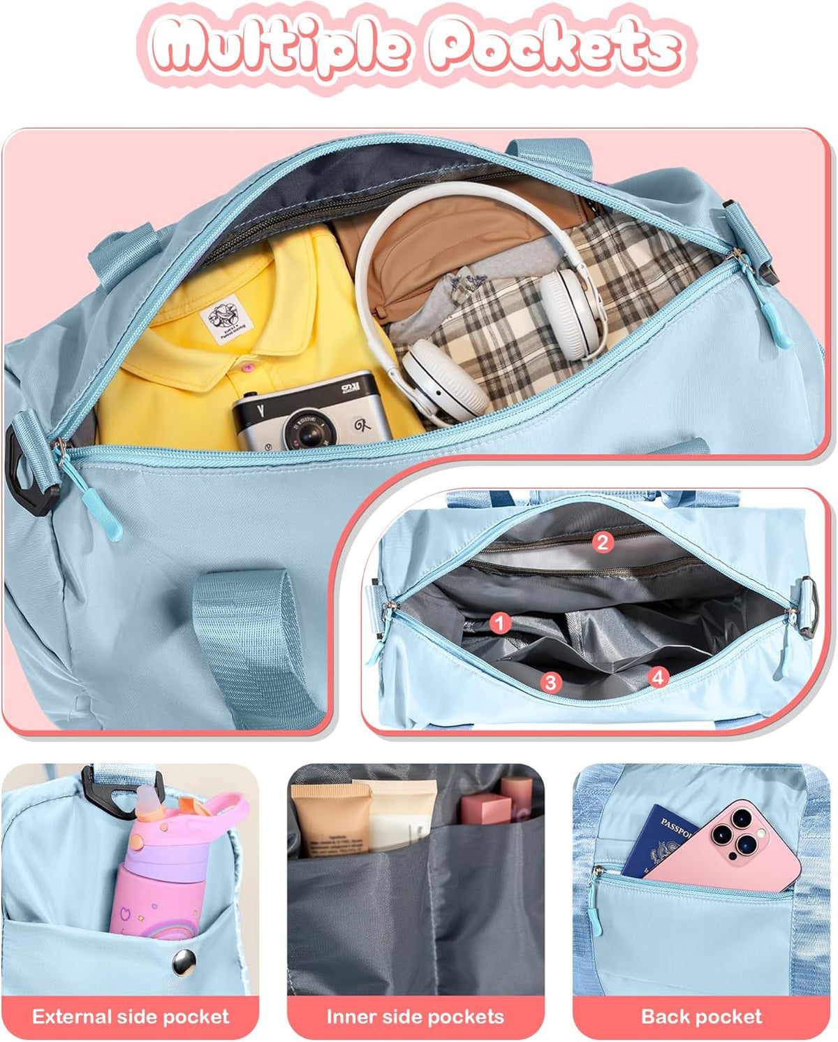 Skiennix Girl Gym Bag - Personalized Weekender Tote with Shoe Compartment & Makeup Pouch (Letter D)