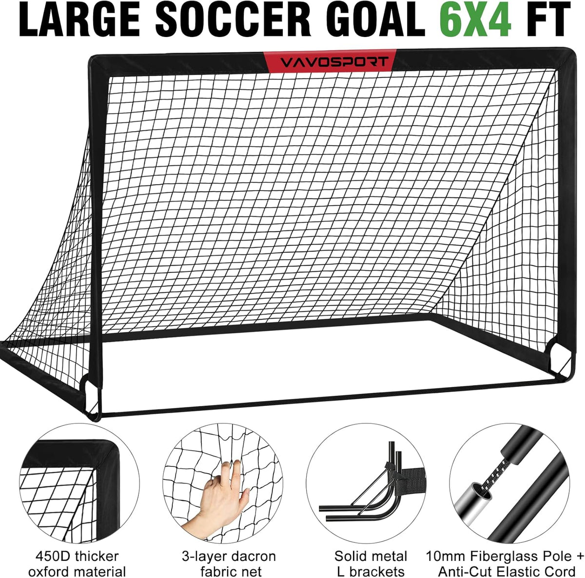 VAVOSPORT Soccer Goal Set - 2 Portable 6'x4' Kids Soccer Goals for Backyard Training & Outdoor Play