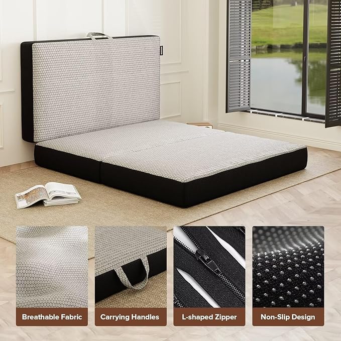 Memory Foam Trifold Mattress - Full Portable Floor Bed 6 Inch, Foldable Mat with Washable Cover, Handle & Non-Slip Bottom, for RV, Travel, Camping, Yoga, 73"x52"x6"