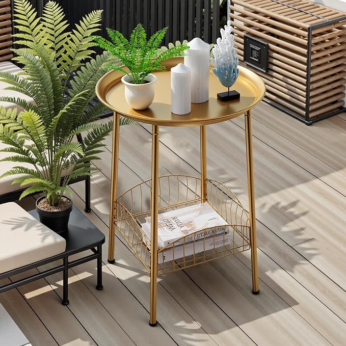 Small Outdoor Side Table, 2-Tier Round Metal Patio Table, Accent Table Waterproof, Weather Resistant End Table for Yard Porch Pool Balcony Garden Bedside (Gold)