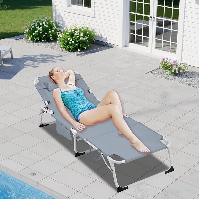 3-in-1 Oversized Sun Tanning Chair with Mat & Face Hole, Heavy Duty Folding Chaise Lounge - 5-Position Adjustable Outdoor Chair for Beach, Pool, Patio, Lawn, Yard - Includes Pillow