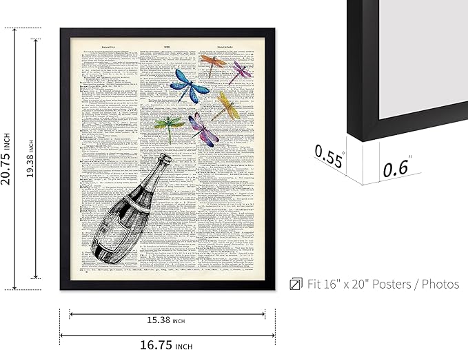 Poster Master Dictionary Art Poster - Champagne Bottle Print - Dragonfly Art - Alcohol Art - Gift for Men, Women & Bartender - Great Decor for Bar, Kitchen or Restaurant, 16x20 Black Framed