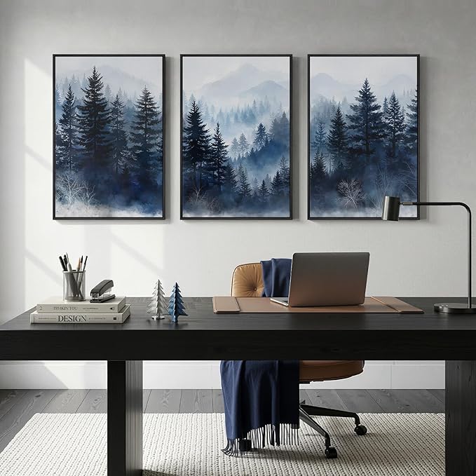 Framed Blue Forest Mountain Wall Art for Living Room, Misty Pine Tree Nature Landscape Canvas Artwork for Walls, Neutral Foggy Forest Scenic Painting Prints for Bedroom Office Wall Decor, 24x36 Inch