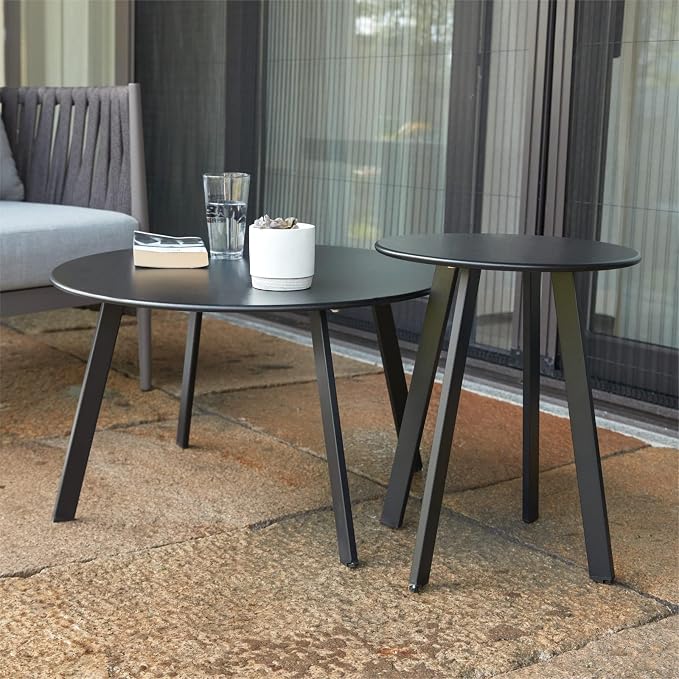 Meluvici Outdoor Patio Coffee Table Set of 2, Weather Resistant End Table, Round Nesting Tables for Living Room Balcony Office,Black