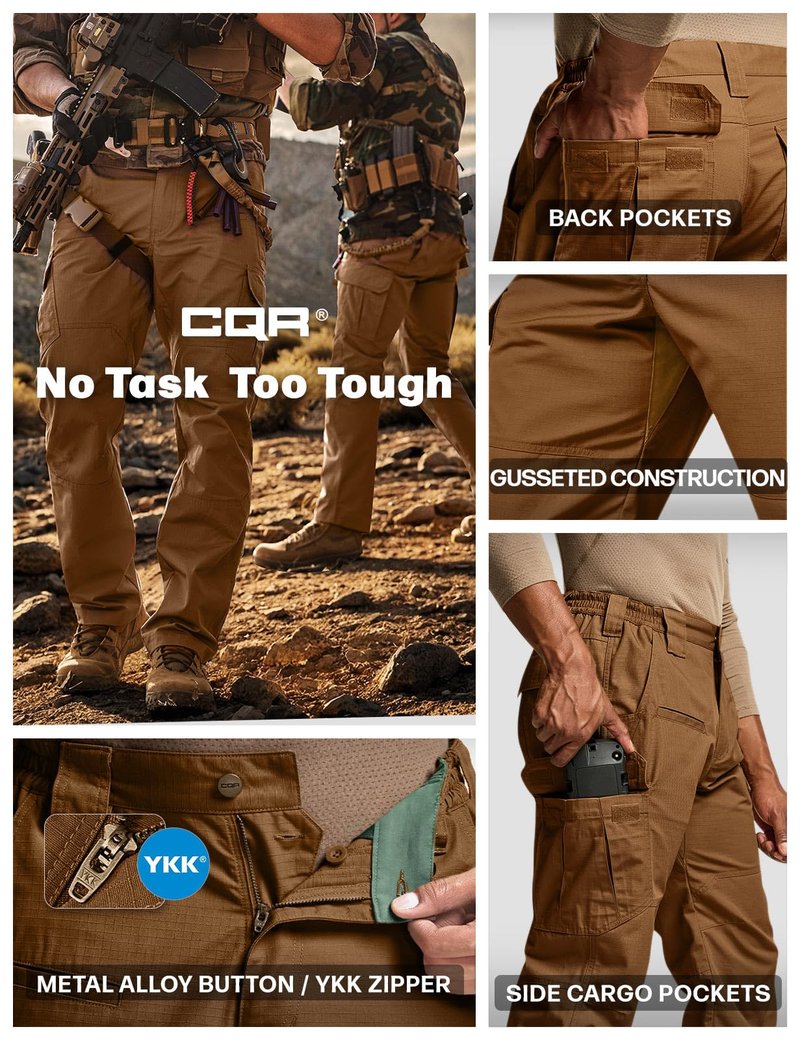 CQR Men's Tactical Pants, Water Resistant Ripstop Cargo Pants, Lightweight EDC Work Hiking Pants, Outdoor Apparel, Raider Copper Brown, 42W x 30L