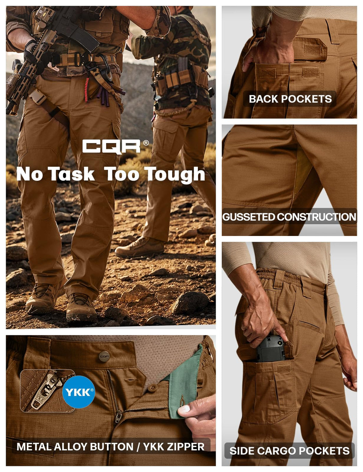 CQR Men's Tactical Pants, Water Resistant Ripstop Cargo Pants, Lightweight EDC Work Hiking Pants, Outdoor Apparel, Raider Copper Brown, 40W x 34L