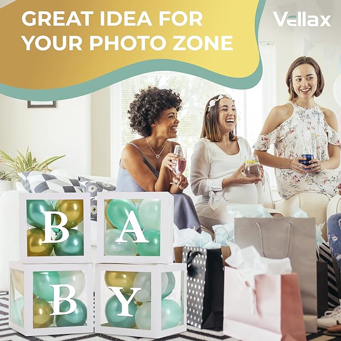 Baby Shower Boxes with Letters – White Boxes with Green, Gold & White Balloons – 44-Piece Gender Reveal & Party Decoration Set by Vellax