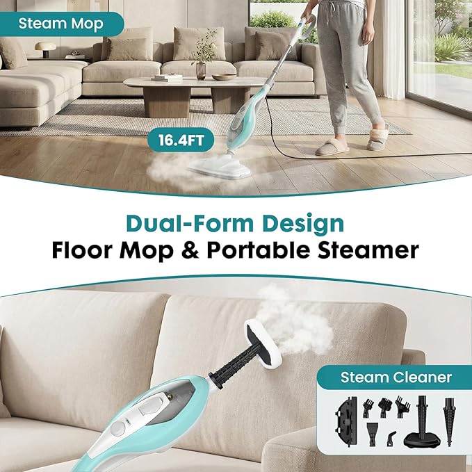 OLIXIS 10-in-1 Steam Mop, 1550W Detachable Handheld Steam Cleaner for Floor Cleaning, 16FT Cord, 2 Washable Pads, Multi-Purpose Floor Steamer for Hardwood, Carpet, Tile, Grout, Windows, White Green