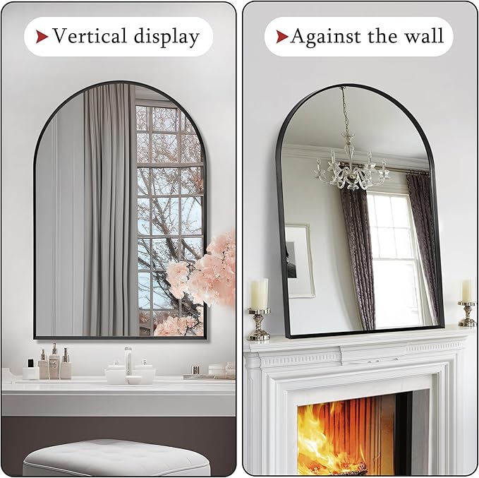 28" x 36" Black Arched Mirror, Large Arch Bathroom Wall Mirror, Metal Frame