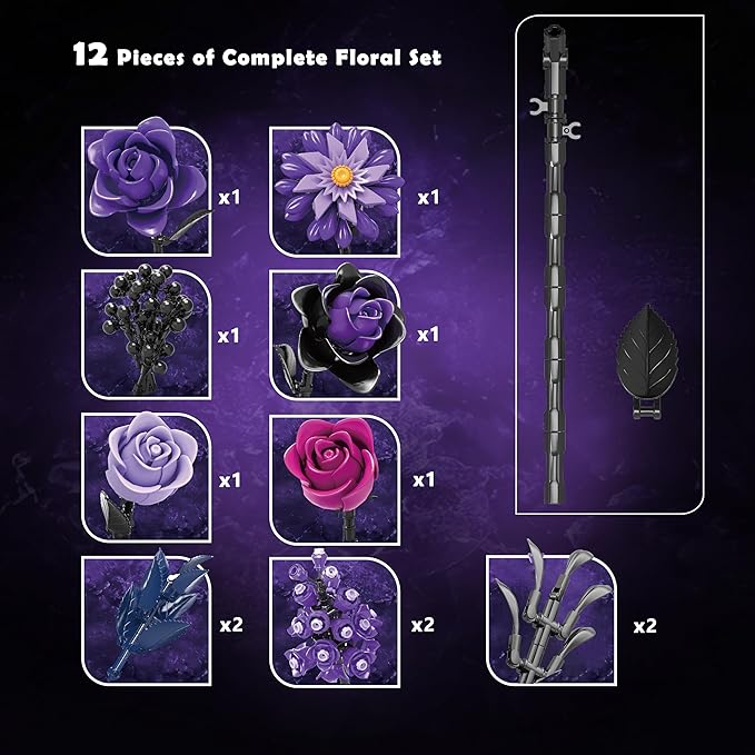 Purple Roses Bouquet Building Blocks Set, Botanical Collection Artificial Flowers Compatible with Lego Flowers, Christmas Decor Gift for Adults Teens Women, Gothic Home Decor Bouquet