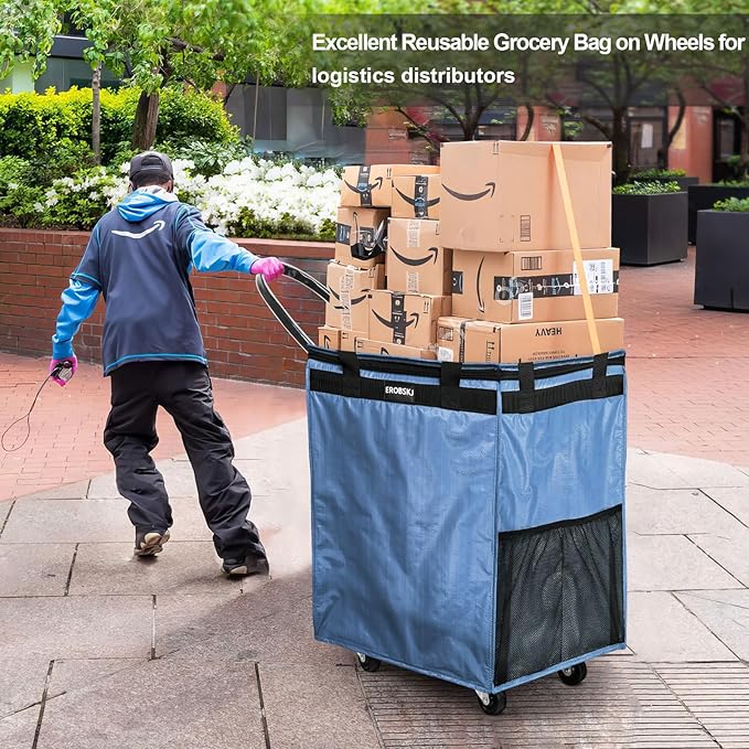 (Medium,Blue) Reusable Grocery Bag on Wheels, 70L Foldable Rolling Tote, Carries Up to 66 lbs Shopping Trolley, Zipper Clouser Shopping Carts for Trips, Laundry, 4 Heavy Duty Wheels and 3 Handles