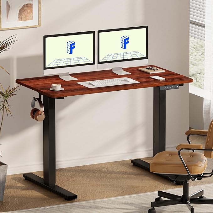 FLEXISPOT EN1 One-Piece Standing Desk with 1-Inch Thick Desktop, 55"x28" Electric Height Adjustable Desk for Home Office & Multi-Device Workstations, Mahogany
