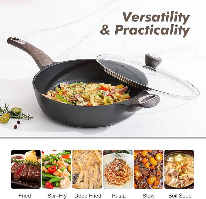 SENSARTE Nonstick Frying Pan Skillet with Lid, 13.3 Inch Large Deep Frying Pan, 6 Qt Non Stick Saute Pan with Cover, Induction Pan, Healthy Non Toxic Cooking Pan with Helper Handle, PFOA PFOS Free