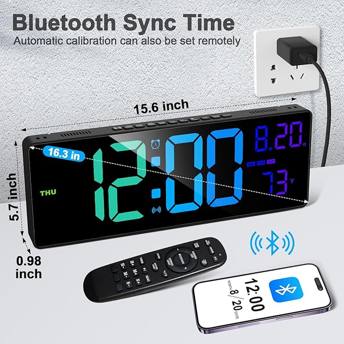 XREXS 16.3" Bluetooth Large Digital Wall Clock