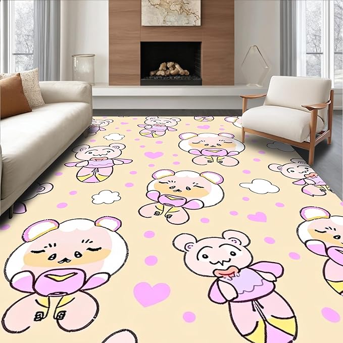 Flatwoven High Traffic Area Rug 8x10, Sweet Bear Balloon Interlocking Dot and Cloud Motif, Non Slip, Stain Resistant, Washable Area Rugs for Living Room, Bedroom (Beige, 8x10)