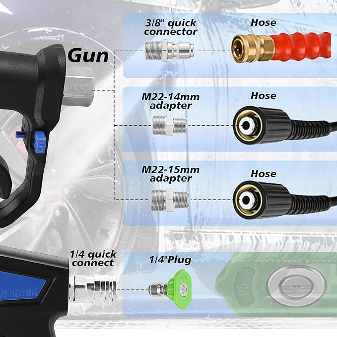 RIDGE WASHER Pressure Washer Gun Swivel, Power Washer Gun 5000 PSI with 1/4" Quick Connector, 12 GPM, 360°3/8 NPT Thread, M22-14mm and M22-15mm Fitting