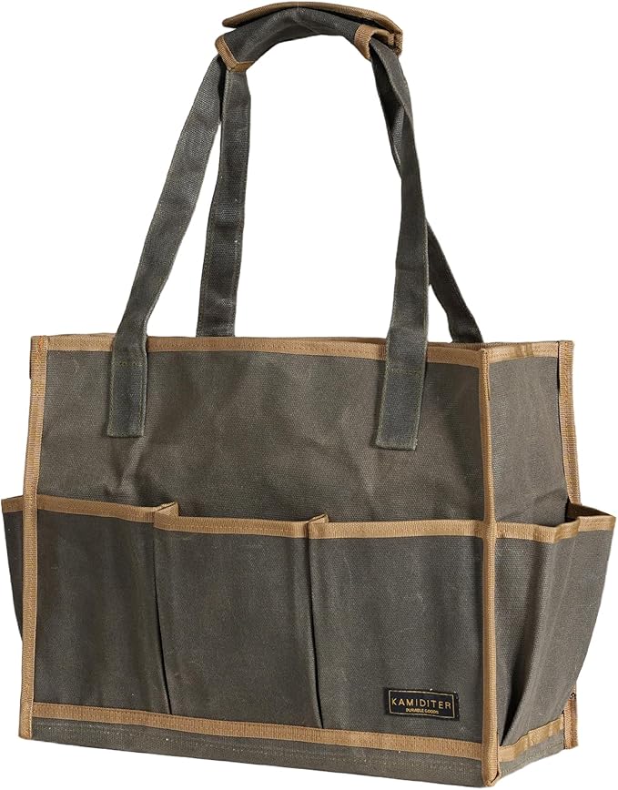 Heavy Duty 16OZ Waxed Canvas Tool Bag,15-Pockets Portable Tote Bag,Muti-Purpose Garden Tool Storage Bag with Padded Handle | ArmyGreen