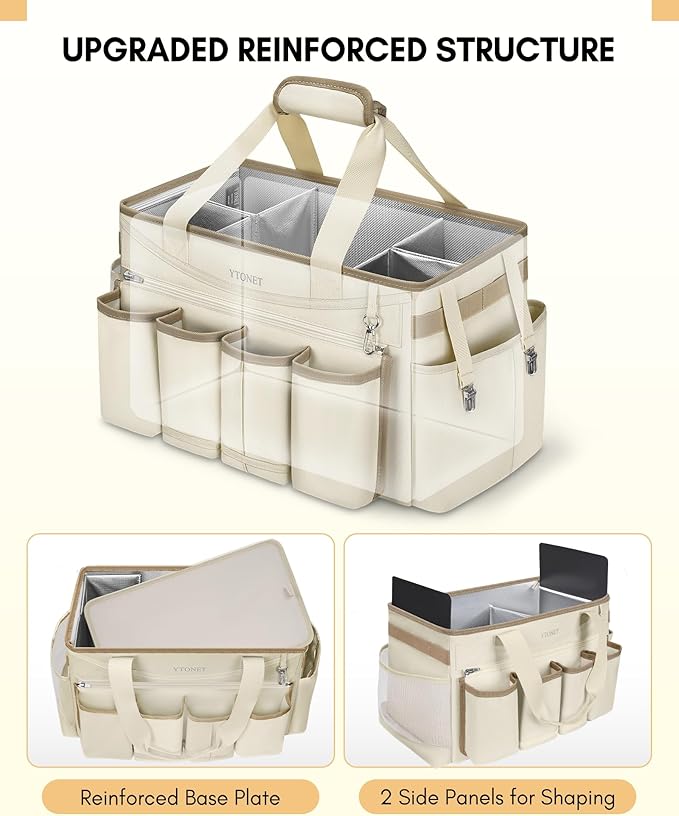 Ytonet Cleaning Caddy Bag with Detachable Apron, Extra Large Cleaning Supplies Organizer with Foldable Dividers, Portable Cleaner Tote with Handle, Cleaner Caddy for Kitchen, Detailing Bag, Apricot