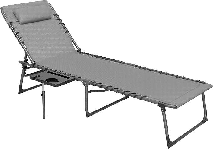 Outsunny Folding Chaise Lounge Chair Outdoor Tanning Chair with Side Table, 5-Level Adjustable Beach Lounge Chair with Headrest, Side Pocket for Patio, Backyard, Beach, Poolside, Gray