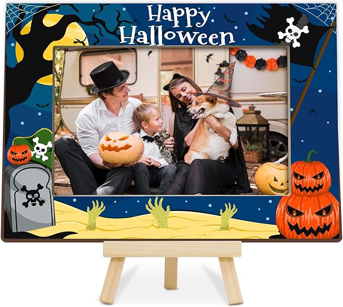 Halloween Picture Frame, 4×6 Pumpkin Wooden Photo Frame for Home Decor Tabletop Display, Spooky Sea Gifts for Family Friends - A04