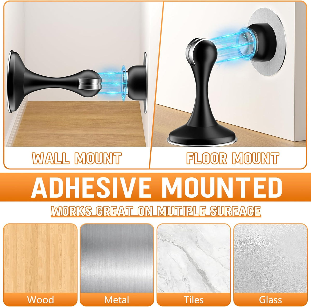 Crosize Magnetic Door Stoppers 2 Pack, Stainless Steel Door Catch for Wall and Floor Mounting, Door Holder Keep Door Open, No Drilling Door Stop with Adhesive Tapes, Black