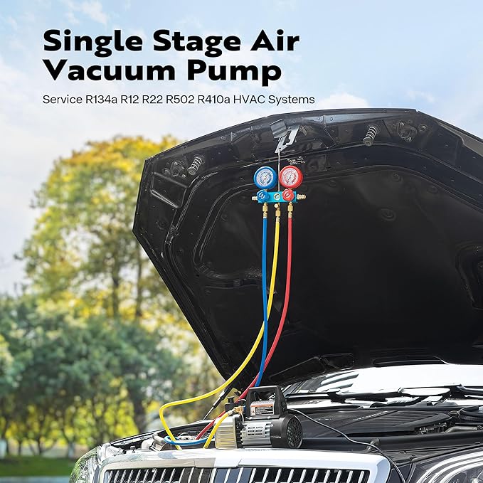 VIVOHOME 110V 1/4 HP 3.5CFM Single Stage Rotary Vane Air Vacuum Pump and AC Manifold Gauge Set Kit with Thermometer for R134a R12 R22 R502 R410a HVAC Air Conditioning Refrigeration Recharging, Black
