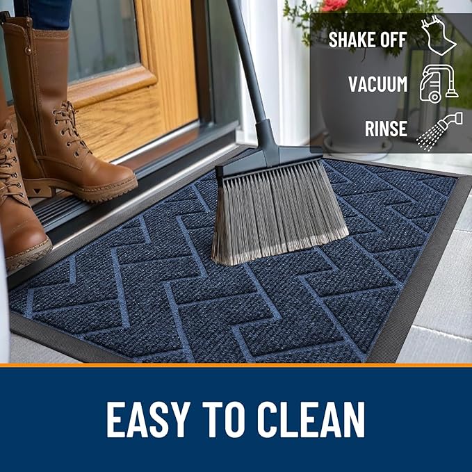 OLANLY Front Door Mat Indoor Outdoor Entrance, Waterproof All-Season, All-Weather Doormat, Sturdy Natural Rubber, Low Profile, Easy Clean Patio Porch Entryway Mat, Herringbone Brick (Blue, 71x23)