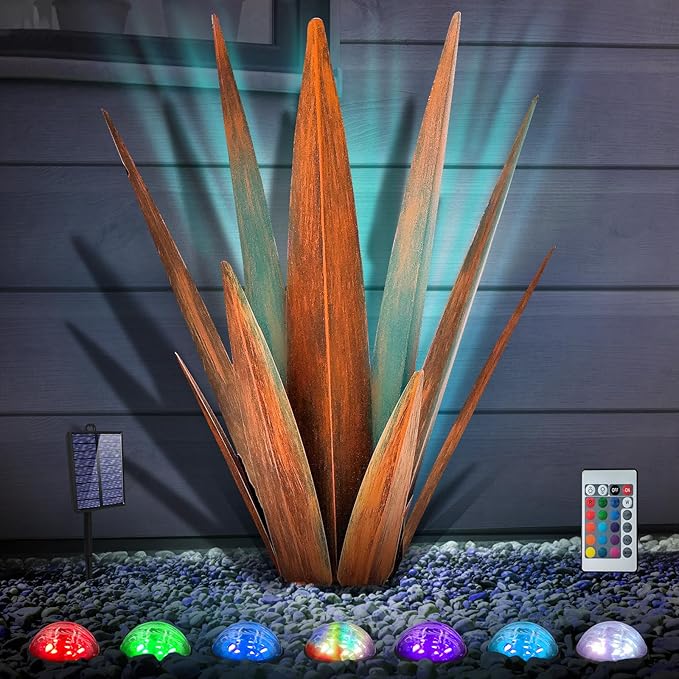 KODIBO Large Tequila Rustic Sculpture, Rustic Metal Agave Plants for Outdoor, Metal Agave Garden Yard Statue, Outdoor Lawn Ornaments Yard Stakes (Rusty - L (W/Solar Light))