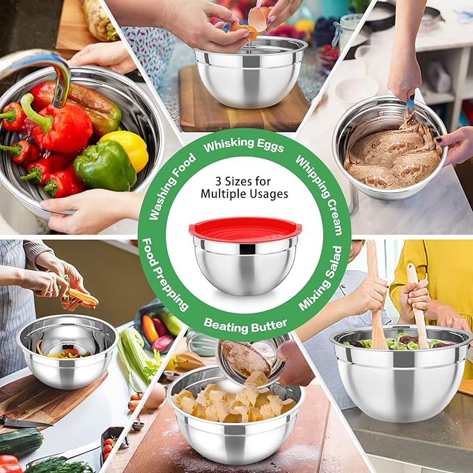 P&P CHEF Multicolor Mixing Bowls with Lids, Set of 3, Stainless Steel Salad Nesting Bowl for Mixing, Storing, Prepping, Airtight & Stackable, Size 4.6/3 /1.5 QT