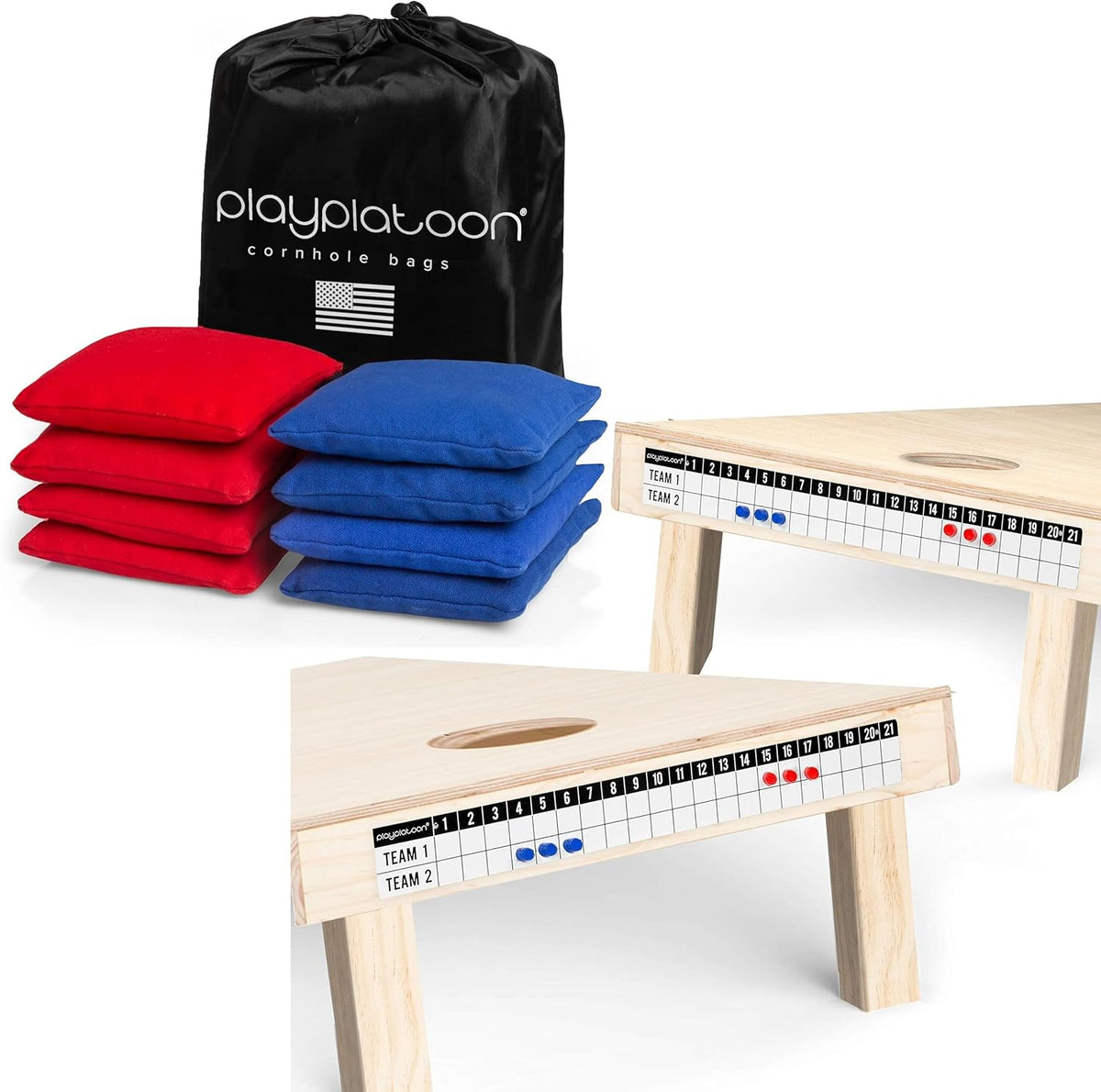 Play Platoon Cornhole Bags Set - 8 All-Weather Red & Blue Bags with Horizontal Scoreboards