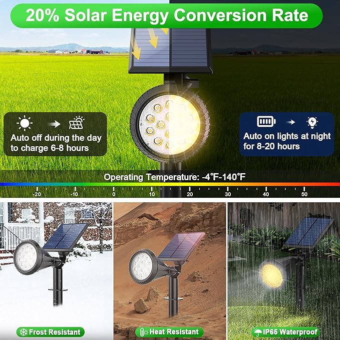 Solar Spot Lights Outdoor Waterproof 180° Adjustable Solar Powered Landscape Lights for Yard 4 Lighting Modes Solar Spotlights for Pathway Garden Outside Wall Pool Porch (6 Pack, Warm White)