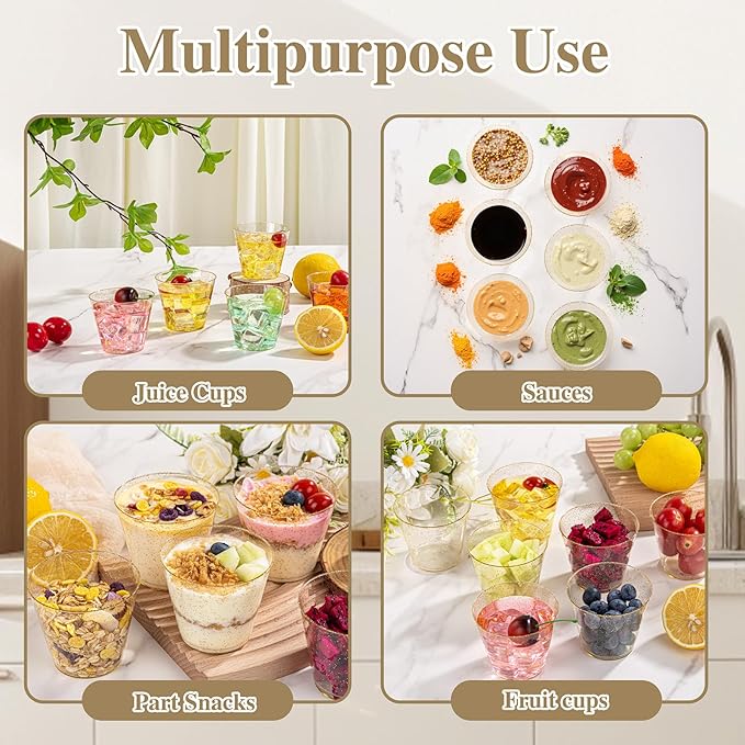 I00000 5oz 200 Pack Shot Glasses, Small Gold Glitter Disposable Plastic Cups,Plastic Party Cups for Vodka, Whiskey, Great Container for Sauce,Medicine and Pudding