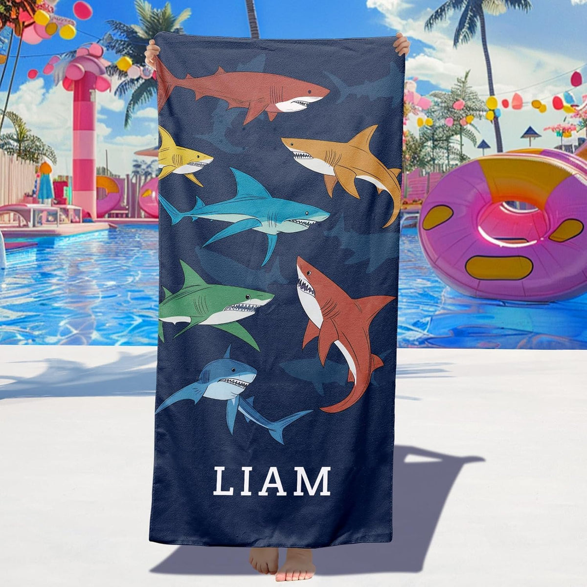 Skiennix Personalized Beach Towels for Kids - Ultra Absorbent Custom Monogrammed Towels | Shark Design