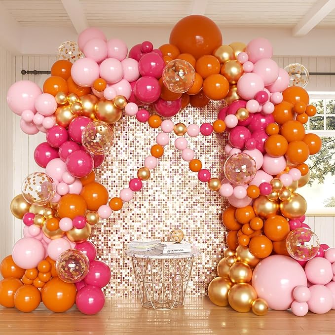 Pink and Orange Balloons Arch Kit, 162pcs Hot Pink Orange Metallic Gold and Confetti Balloons for Bridal Baby Shower Wedding Bachelorette Birthday Fall Party Decorations