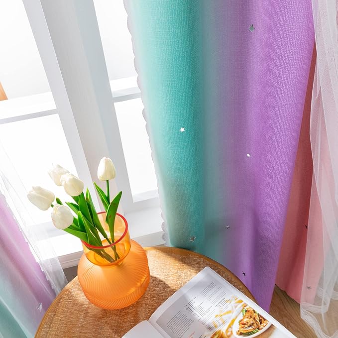 XiDi Curtains for Bedroom Decor, Rainbow Pink Purple Green 34/90/1