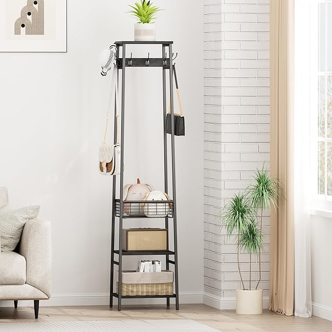 Coat Rack Freestanding, Coat Stand with Metal Basket and Storage Shelves, Hall Tree Free Standing With and 7 Hooks, Clothes Rack Stand Organizer, Black