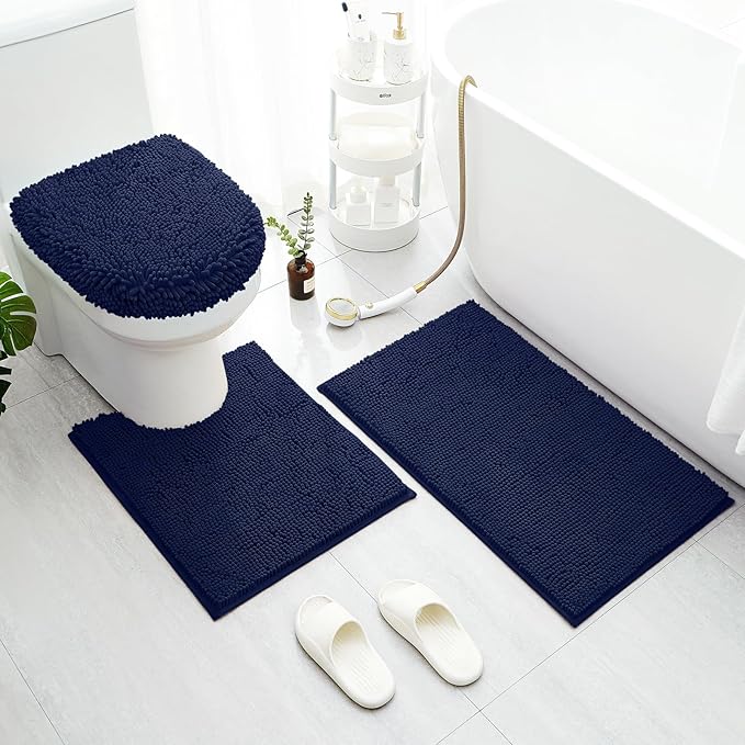 BYSURE Navy Blue Bathroom Rugs Sets 3 Piece with Toilet Lid Cover Non Slip Extra Absorbent Plush Chenille Soft Washable Bath Mats