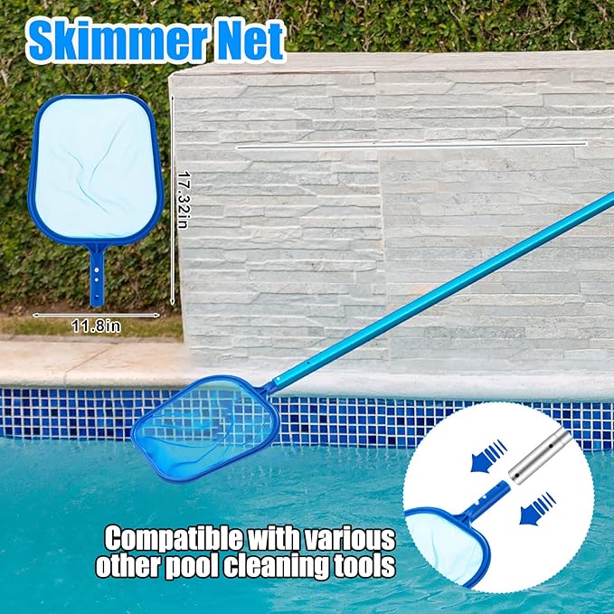 3 Pcs Pool Vacuum Cleaning Kit Vacuum Head Right Corner with Flexible Wheels, 1-1/4" x 18ft Hoses and Skimmer Net Maintenance Accessory Tool for Inground Pool Cleaning