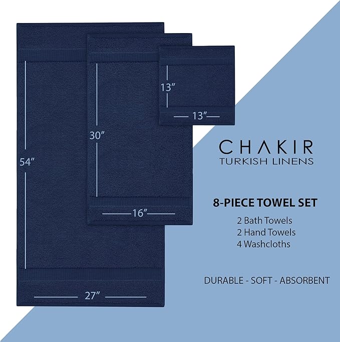 Chakir Turkish Linens Premium Cotton Absorbent Turkish Towels (8-Piece Towel Set, Navy Blue)