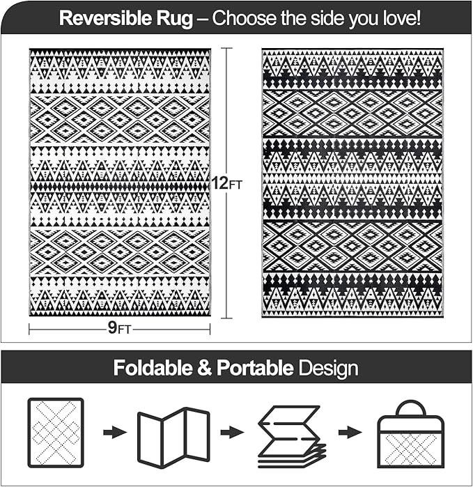 Waterproof Outdoor Rug 9x12ft, Bohemia Reversible Plastic Straw Mat for Patio RV Deck Porch Backyard Balcony Camping Picnic Beach Indoor Outdoor Carpet, Black&White