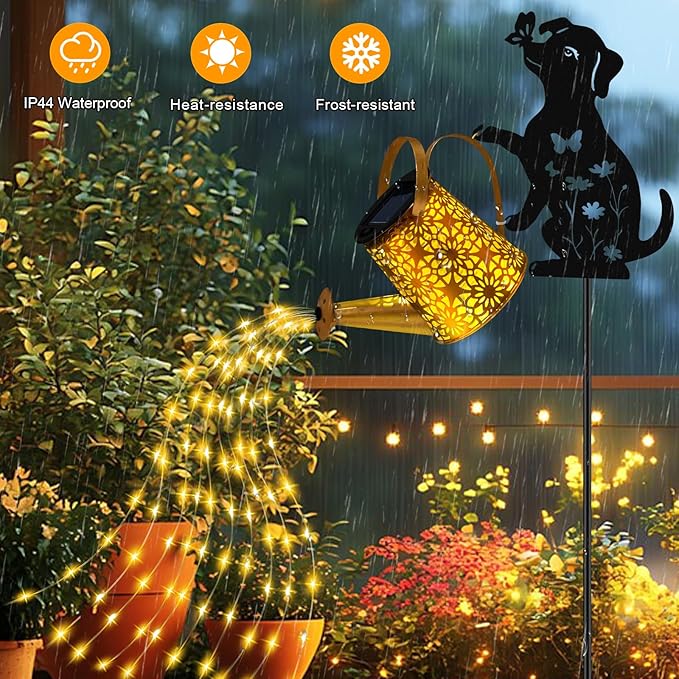Solar Lights Outdoor Decorative, Watering Can with Cascading Lights, with Dog Silhouette Garden Stakes, Waterproof Metal Garden Decor for Yard Art, Outside, Patio, Lawn Ornaments(1 Pack)