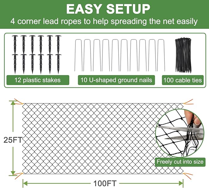 DQS Bird Netting for Garden Protection - 25x100ft Heavy Duty Poultry Netting, 2.4' Mesh, Ideal for Chicken Coops, Fruit Trees, Vegetables & More