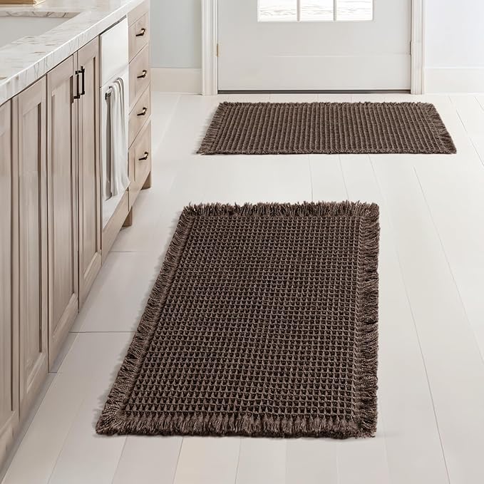 MIULEE Set of 2 Waffle Bathroom Rugs, Boho Bath Rugs Non Slip Washable, Super Absorbent Bath Mats, Ultra Soft Rubber Backed Shower Mats for Bathroom Floor, Tub and Shower, Chocolate, 17x24 Inch