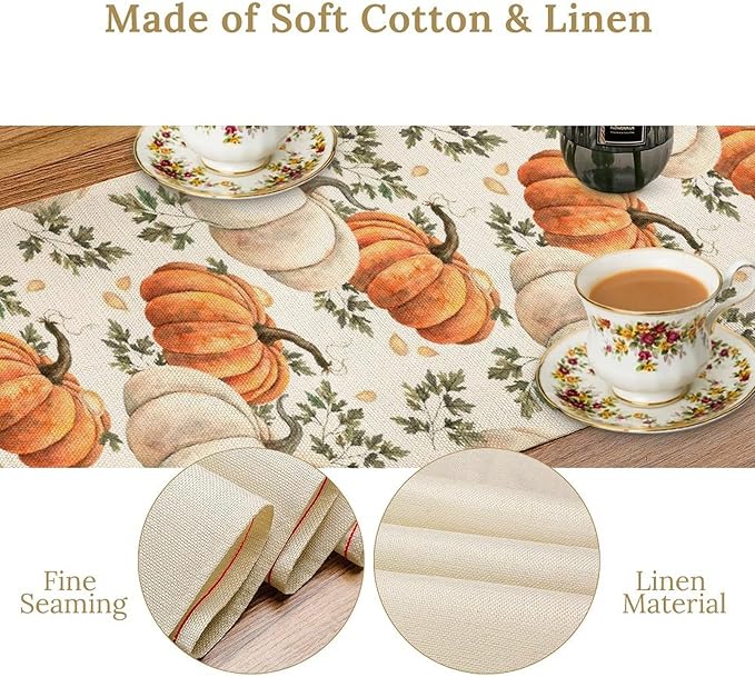 Fall Pumpkin Table Runner White Orange Vegetables Seeds Parsley Watercolor Hand-Painted Illustration Home Decor for Farmhouse Indoor Outdoor Party Holiday Dining Kitchen Restaurant Cafe W13xL108in