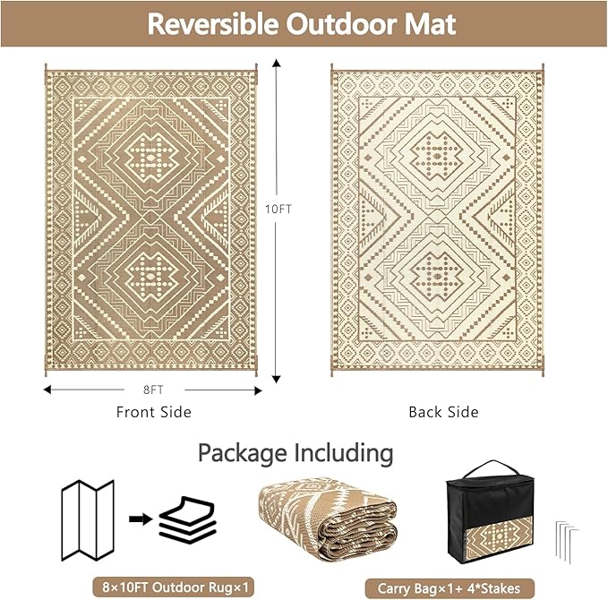 Waterproof Outdoor Rug 8x10 ft, Reversible Plastic Straw Mat, Large Floor Mat for Patio, Camping, Picnic, Backyard RV, Deck, Beige