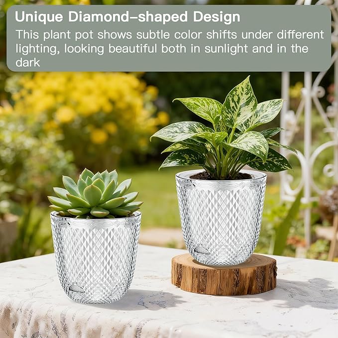 QCQHDU 2 Pack Self Watering Pots, 5.7 Inch Flower Pots with Drainage Holes and Water Filling Port, Plastic Garden Planter for Indoor Outdoor Plants (Clear)